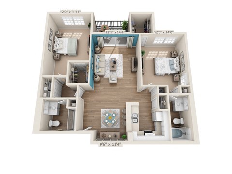 Floor plan for 2 beds, 2 baths, 1169 sqft